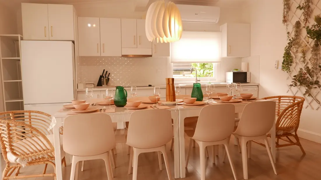 Dining area ready for groups at Kos Koliba Holiday Home