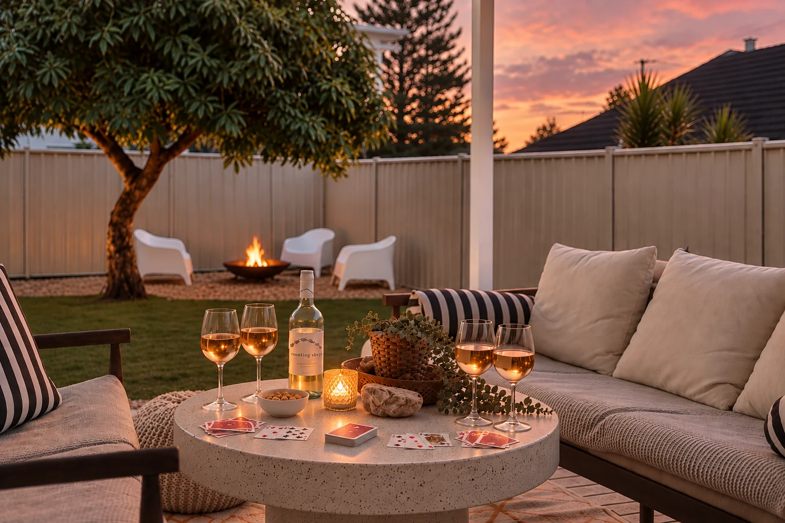 Sunset drinks, cards and firepit in the Kos Koliba backyard